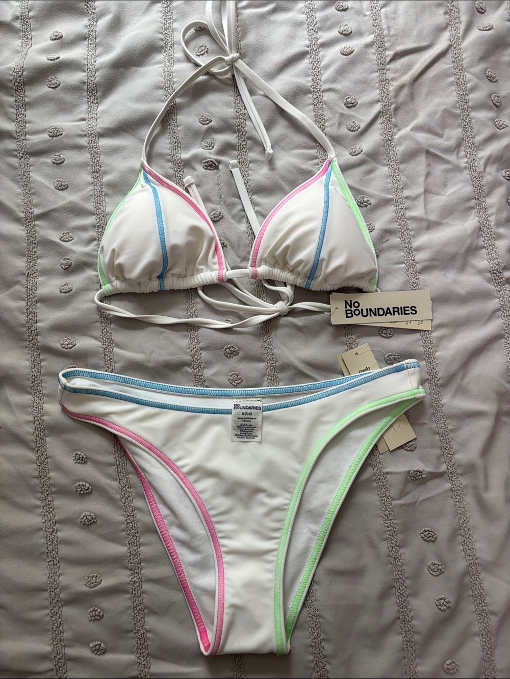 No Boundaries White Triangle Bikini with Pastel Trim